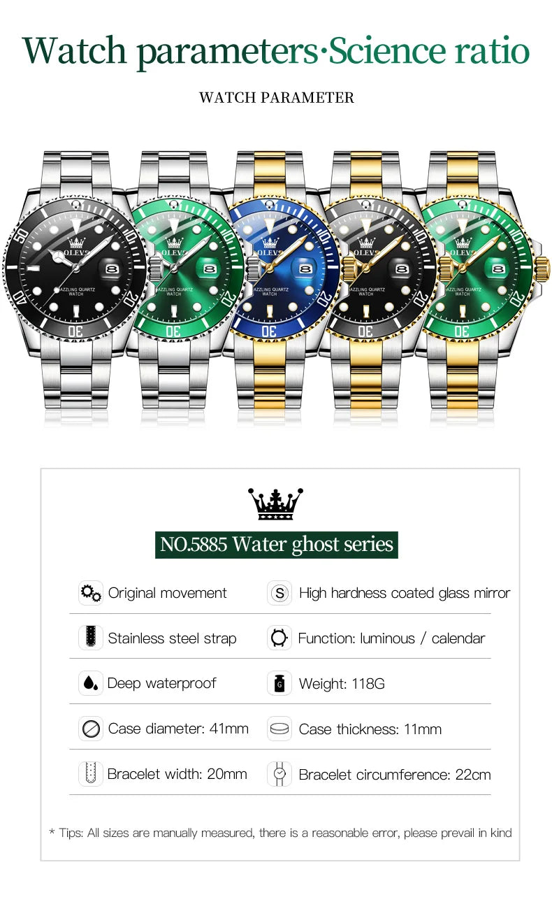 OLEVS Green Waterproof Men's Quartz Watch - Luxury Stainless Steel & Luminous Design