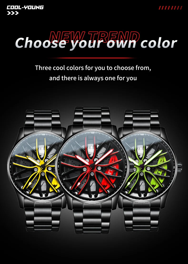 OLEVS Wheel Men's Luxury Watch: Waterproof Rotary Sport Car Rim Design, High-Quality Quartz, Fashion Best Seller