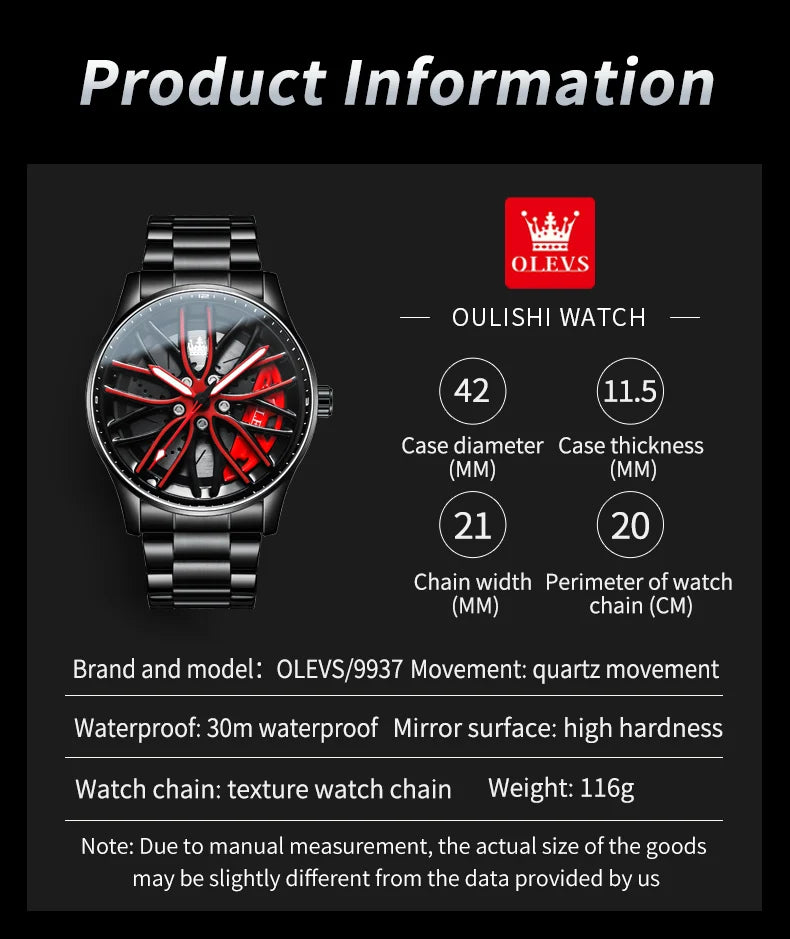 OLEVS Wheel Men's Luxury Watch: Waterproof Rotary Sport Car Rim Design, High-Quality Quartz, Fashion Best Seller