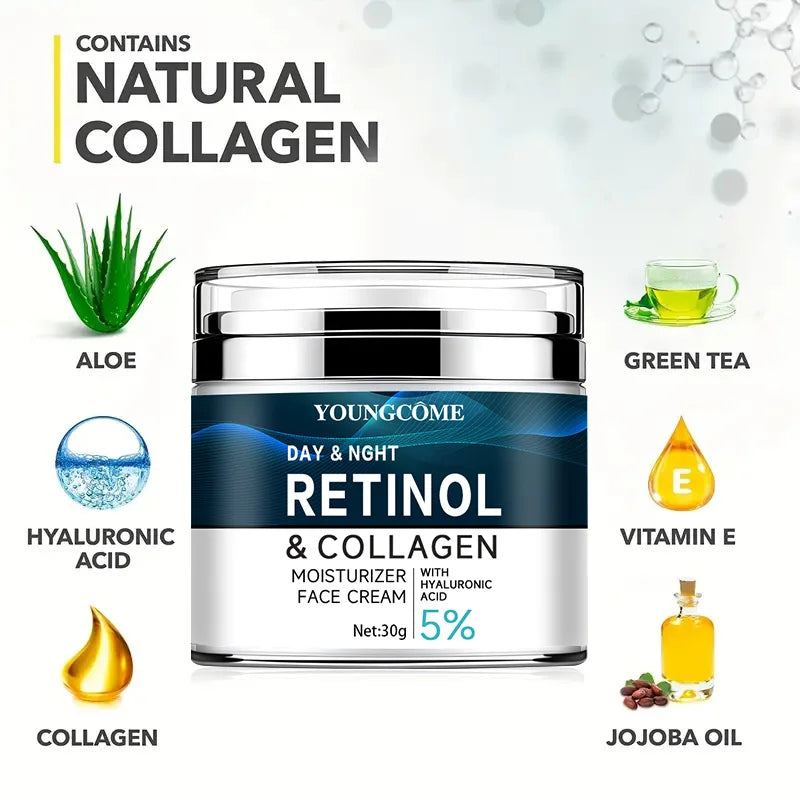 Retinol Collagen Cream with Hyaluronic Acid, Vitamin C + E - Firming, Nourishing & Moisturizing, Anti-Wrinkle, Aging, Shrinks Pores