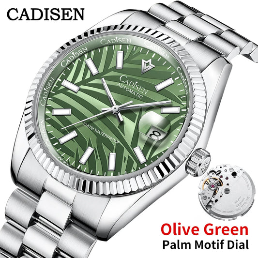 CADISEN 40MM Luxury Automatic Watch | Palm Leaf Dial, Sapphire Glass, MIYOTA 8215 Movement, Olive Green Design