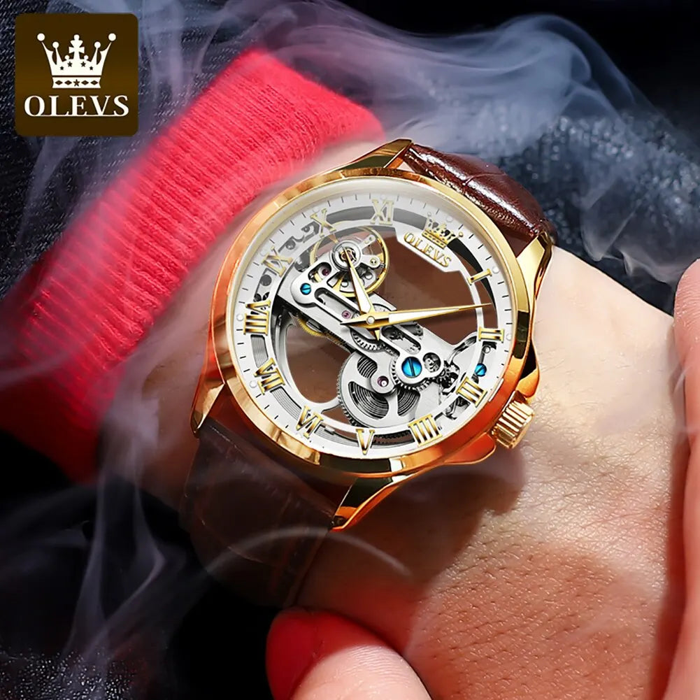 OLEVS Luxury Men's Automatic Mechanical Watch - Skeleton Design, Waterproof, Leather Strap