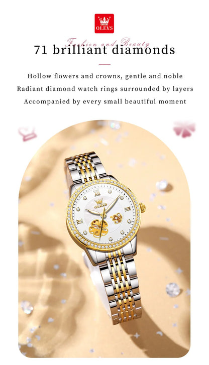 OLEVS Women's Elegant Automatic Mechanical Watch, Hollow Flower Dial, Waterproof, Luminous, Original Fashion Ladies' Timepiece