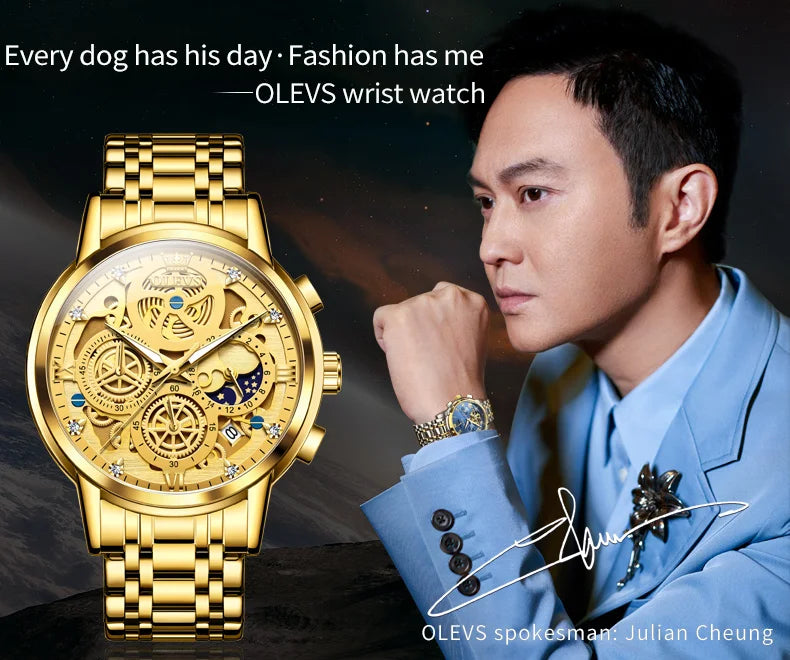 OLEVS Men's Luxury Quartz Watch - Waterproof, Gold Skeleton Design, 24-Hour Day & Night Wristwatch