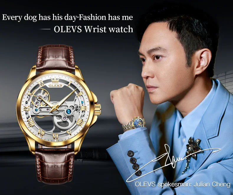 OLEVS Luxury Men's Automatic Mechanical Watch - Skeleton Design, Waterproof, Leather Strap