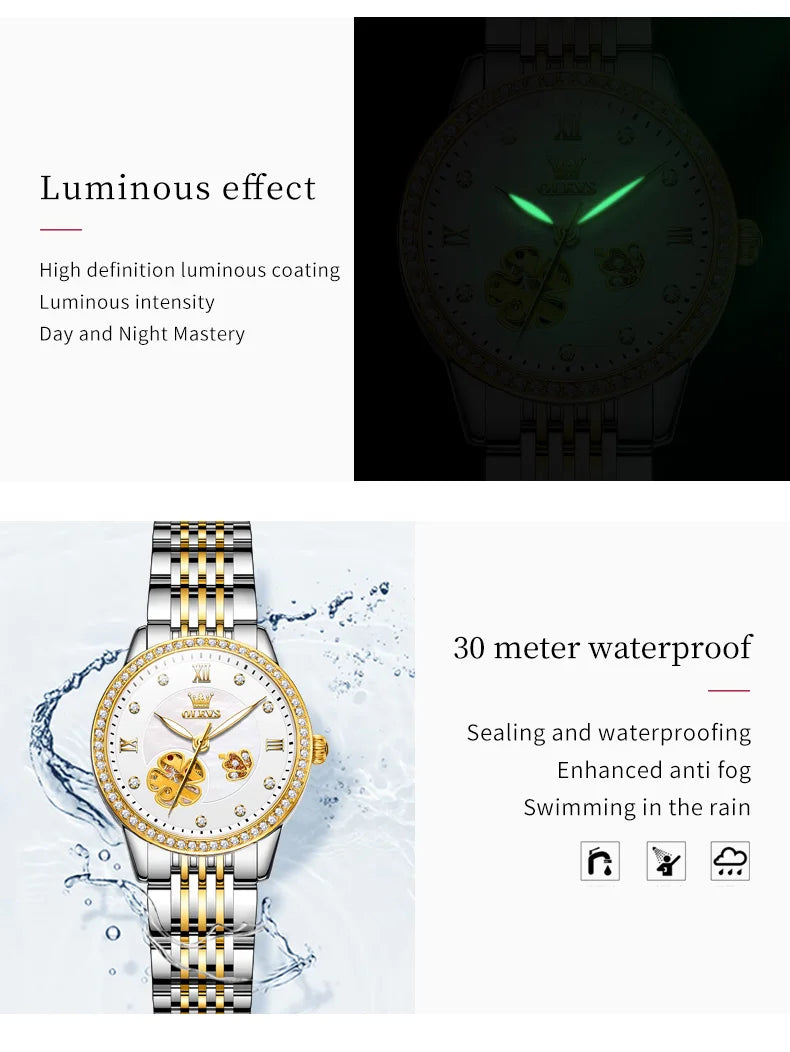 OLEVS Women's Elegant Automatic Mechanical Watch, Hollow Flower Dial, Waterproof, Luminous, Original Fashion Ladies' Timepiece