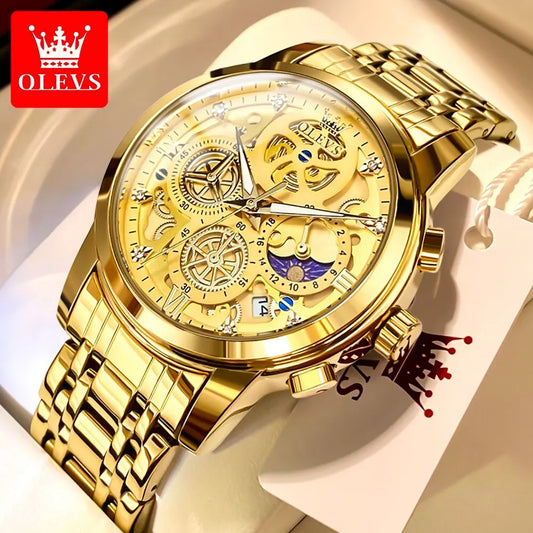 OLEVS Men's Luxury Quartz Watch - Waterproof, Gold Skeleton Design, 24-Hour Day & Night Wristwatch