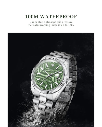 CADISEN 40MM Luxury Automatic Watch | Palm Leaf Dial, Sapphire Glass, MIYOTA 8215 Movement, Olive Green Design