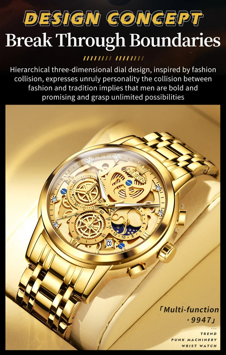 OLEVS Men's Luxury Quartz Watch - Waterproof, Gold Skeleton Design, 24-Hour Day & Night Wristwatch