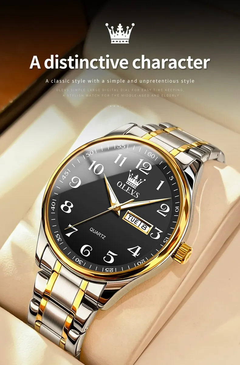 OLEVS Classic Business Quartz Watch for Men: Digital Dial, Date & Week Display, Luminous, Waterproof, Gold Wristwatch