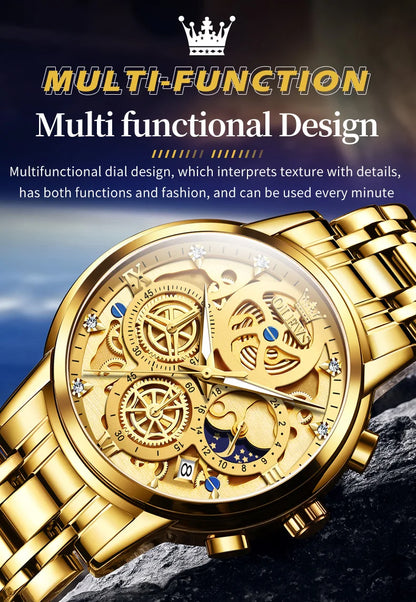 OLEVS Men's Luxury Quartz Watch - Waterproof, Gold Skeleton Design, 24-Hour Day & Night Wristwatch