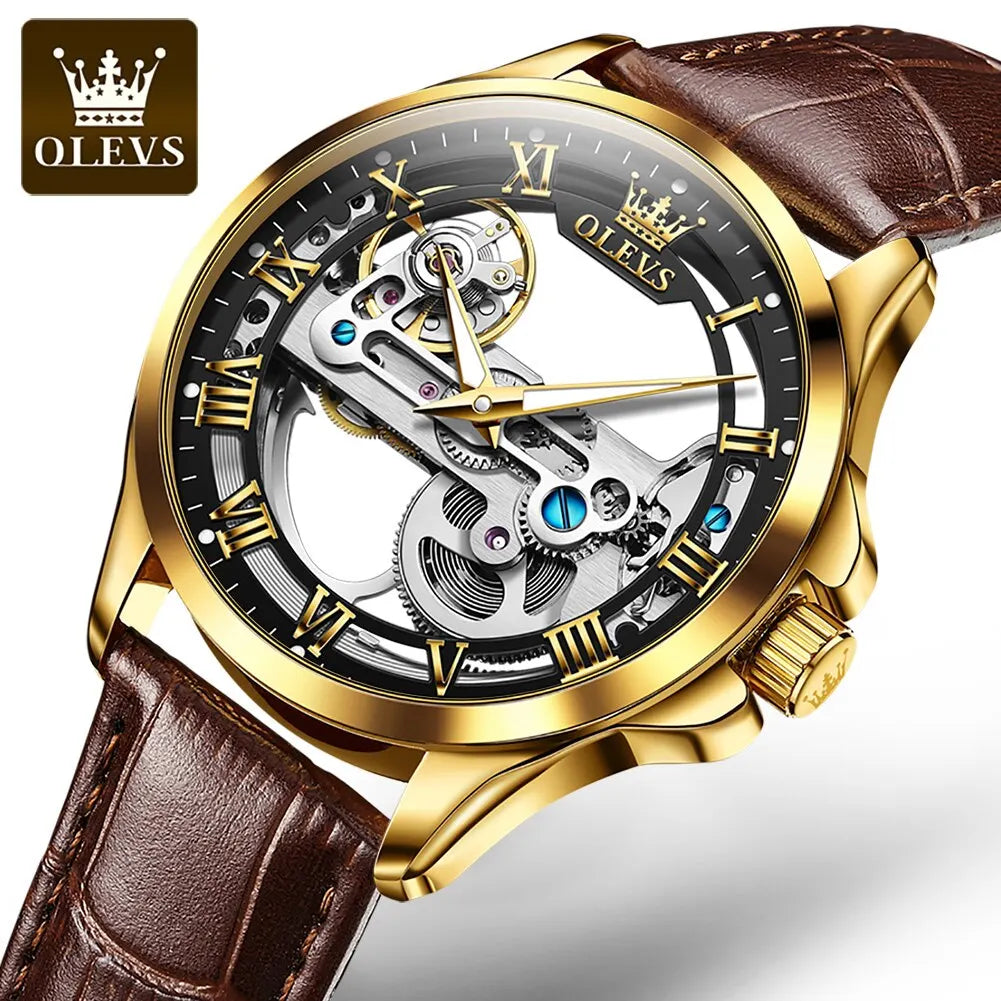 OLEVS Luxury Men's Automatic Mechanical Watch - Skeleton Design, Waterproof, Leather Strap