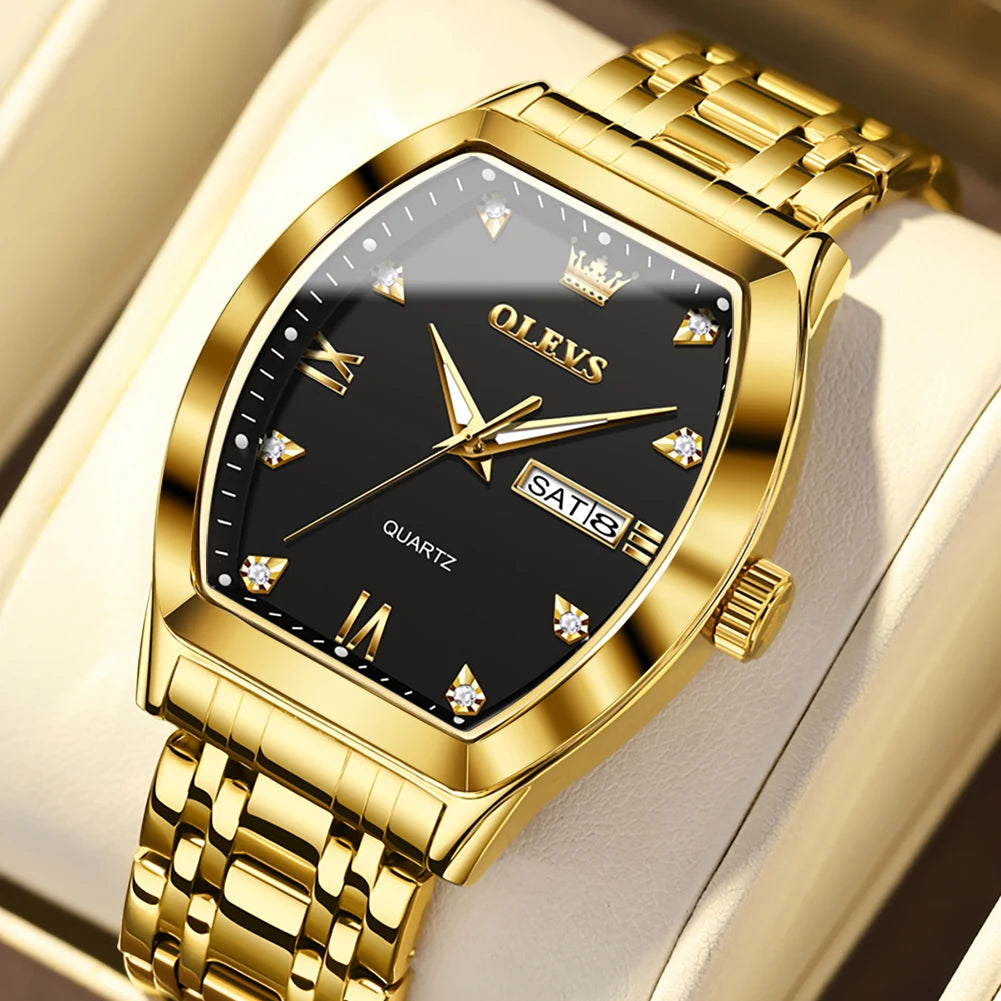 OLEVS Men's Luxury Tonneau Quartz Watch Original Top Brand, Waterproof, Luminous Hands, Week & Date Display, Elegant Male Wristwatch