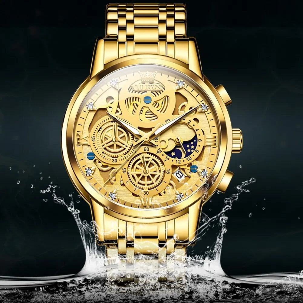 OLEVS Men's Luxury Quartz Watch - Waterproof, Gold Skeleton Design, 24-Hour Day & Night Wristwatch