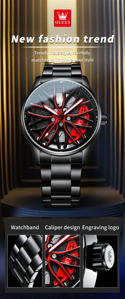 OLEVS Wheel Men's Luxury Watch: Waterproof Rotary Sport Car Rim Design, High-Quality Quartz, Fashion Best Seller