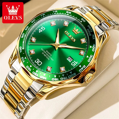 OLEVS Golden Green Quartz Watch for Men - Luxury Brand, Diving Waterproof, Stainless Steel, Rubber Strap, Original Men's Watch 9988