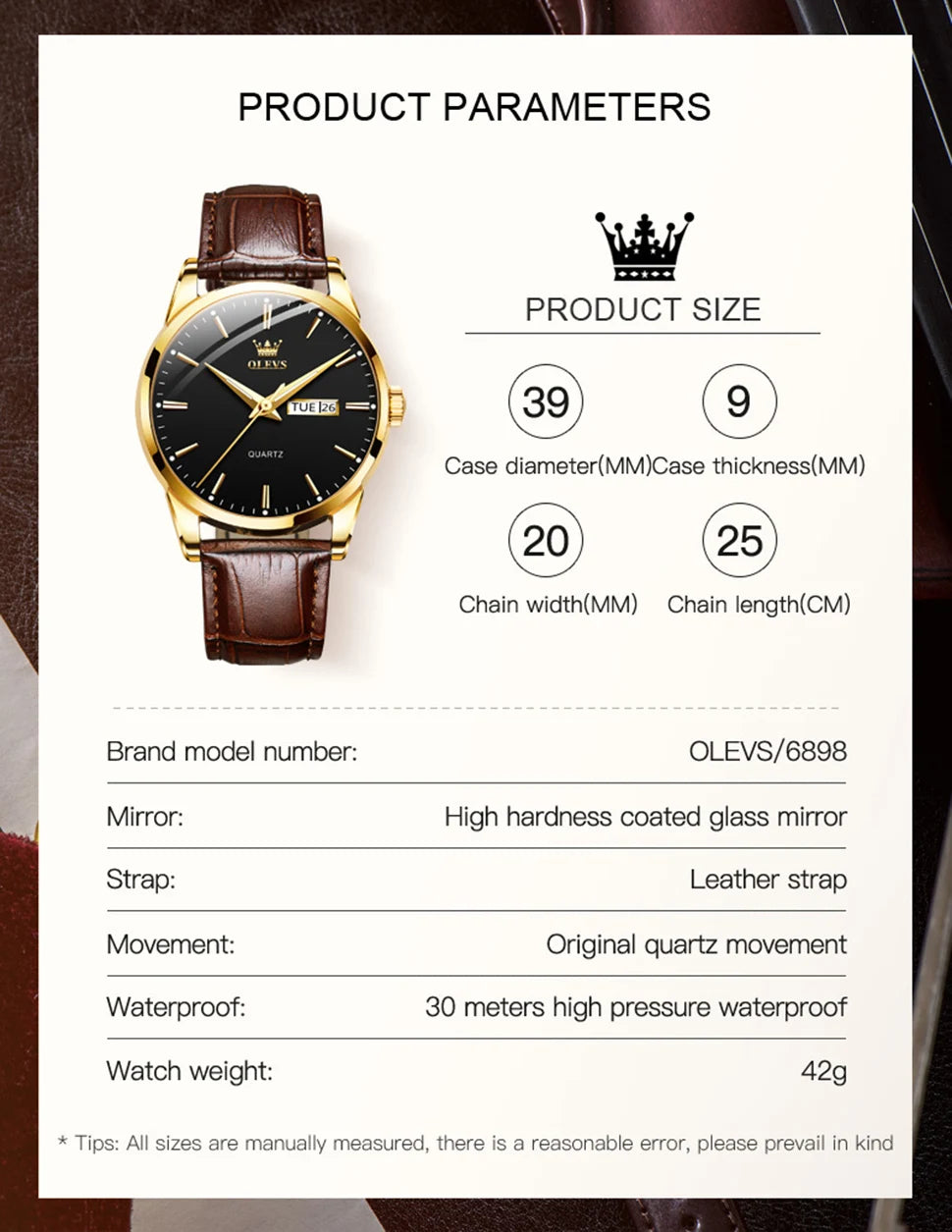 OLEVS Men's Quartz Watch - Luxury Casual Fashion, Waterproof, Luminous, Breathable Leather Strap, Ideal Gift