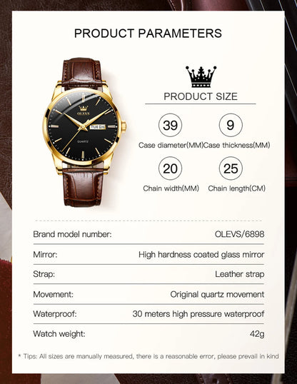 OLEVS Men's Quartz Watch - Luxury Casual Fashion, Waterproof, Luminous, Breathable Leather Strap, Ideal Gift