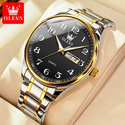 OLEVS Classic Business Quartz Watch for Men: Digital Dial, Date & Week Display, Luminous, Waterproof, Gold Wristwatch