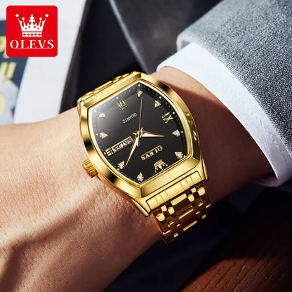 OLEVS Men's Luxury Tonneau Quartz Watch Original Top Brand, Waterproof, Luminous Hands, Week & Date Display, Elegant Male Wristwatch