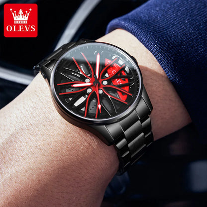 OLEVS Wheel Men's Luxury Watch: Waterproof Rotary Sport Car Rim Design, High-Quality Quartz, Fashion Best Seller