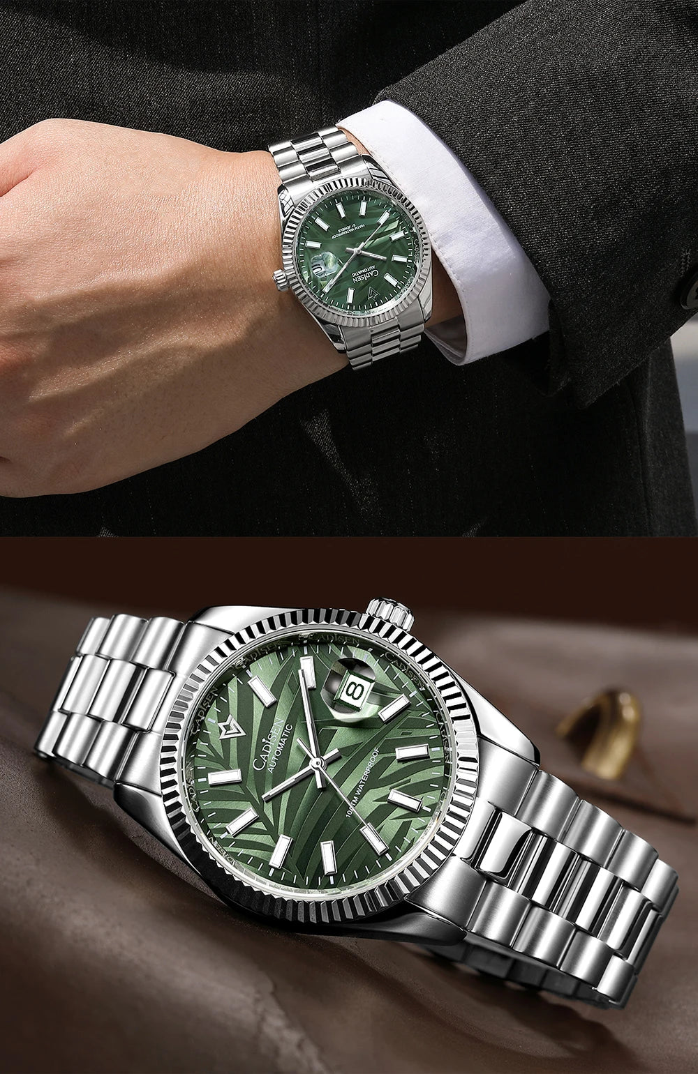 CADISEN 40MM Luxury Automatic Watch | Palm Leaf Dial, Sapphire Glass, MIYOTA 8215 Movement, Olive Green Design