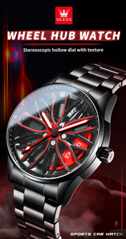 OLEVS Wheel Men's Luxury Watch: Waterproof Rotary Sport Car Rim Design, High-Quality Quartz, Fashion Best Seller