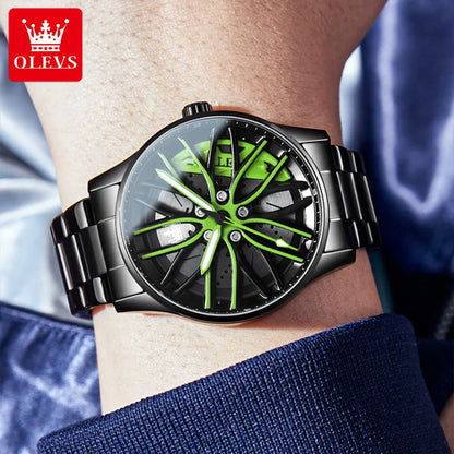 OLEVS Wheel Men's Luxury Watch: Waterproof Rotary Sport Car Rim Design, High-Quality Quartz, Fashion Best Seller