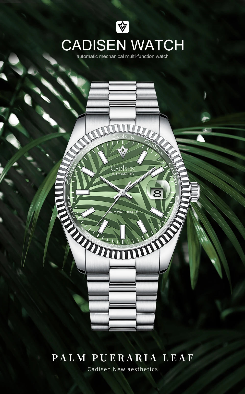 CADISEN 40MM Luxury Automatic Watch | Palm Leaf Dial, Sapphire Glass, MIYOTA 8215 Movement, Olive Green Design