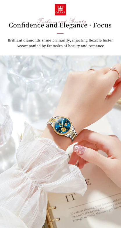 OLEVS Women's Elegant Automatic Mechanical Watch, Hollow Flower Dial, Waterproof, Luminous, Original Fashion Ladies' Timepiece