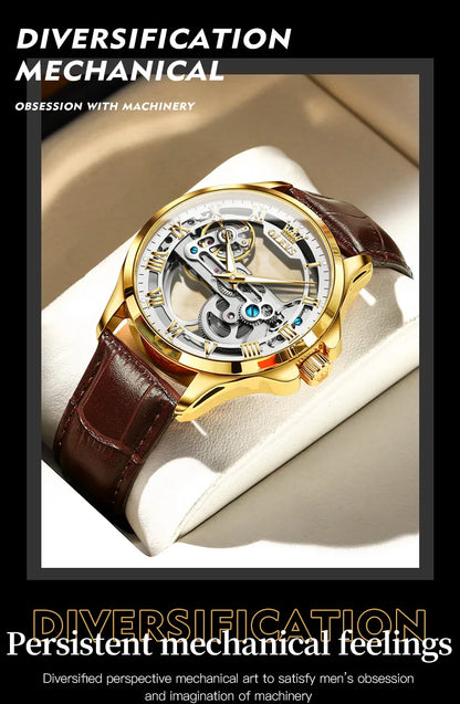 OLEVS Luxury Men's Automatic Mechanical Watch - Skeleton Design, Waterproof, Leather Strap