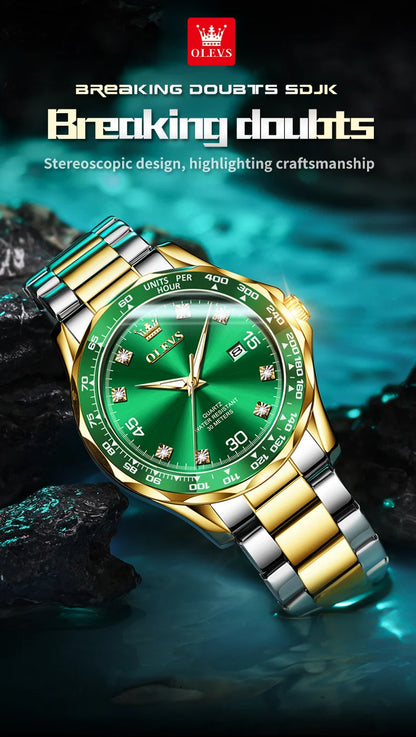 OLEVS Golden Green Quartz Watch for Men - Luxury Brand, Diving Waterproof, Stainless Steel, Rubber Strap, Original Men's Watch 9988