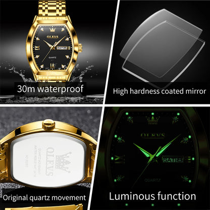 OLEVS Men's Luxury Tonneau Quartz Watch Original Top Brand, Waterproof, Luminous Hands, Week & Date Display, Elegant Male Wristwatch