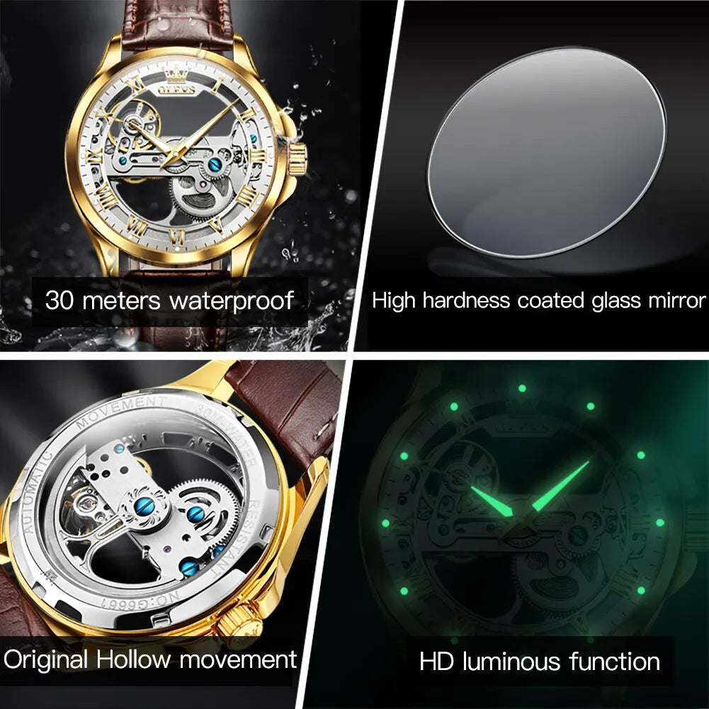 OLEVS Luxury Men's Automatic Mechanical Watch - Skeleton Design, Waterproof, Leather Strap