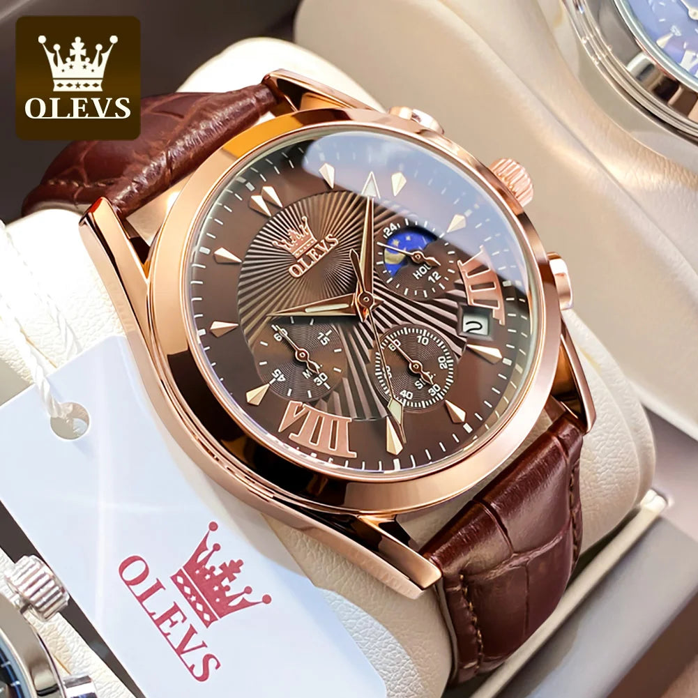 OLEVS Original Luxury Men's Watch – High-Quality Waterproof Quartz Wristwatch with Fashionable Leather Strap