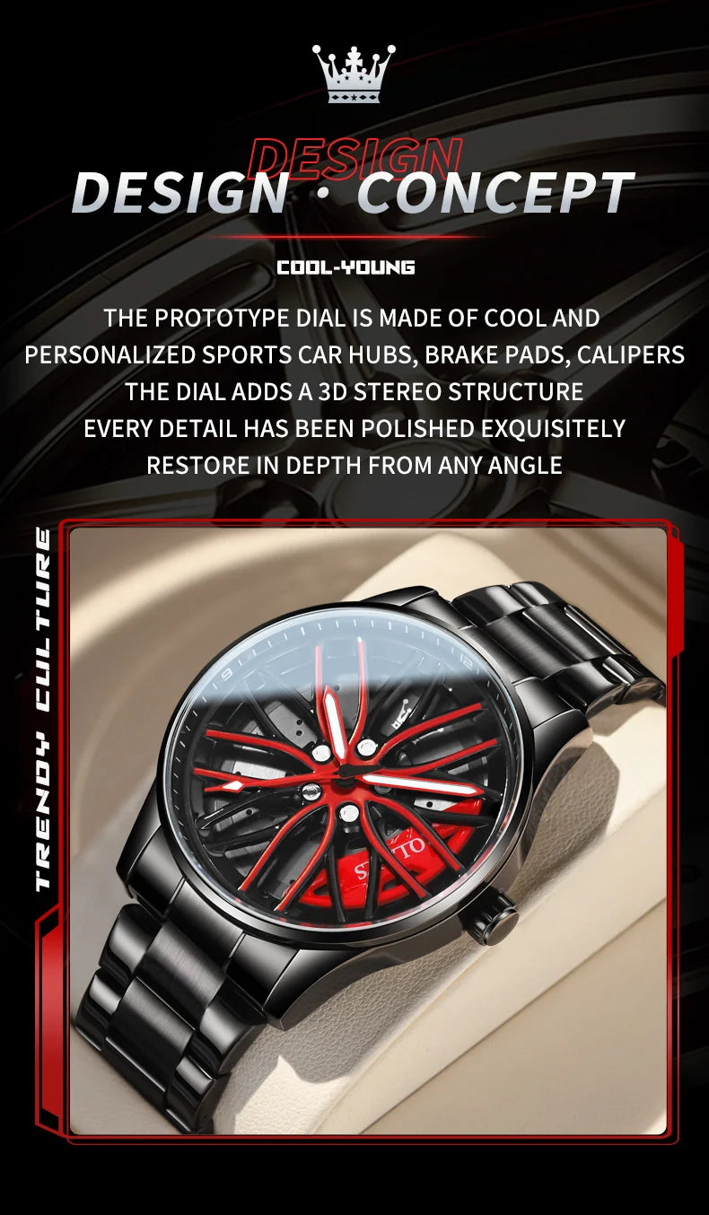 OLEVS Wheel Men's Luxury Watch: Waterproof Rotary Sport Car Rim Design, High-Quality Quartz, Fashion Best Seller